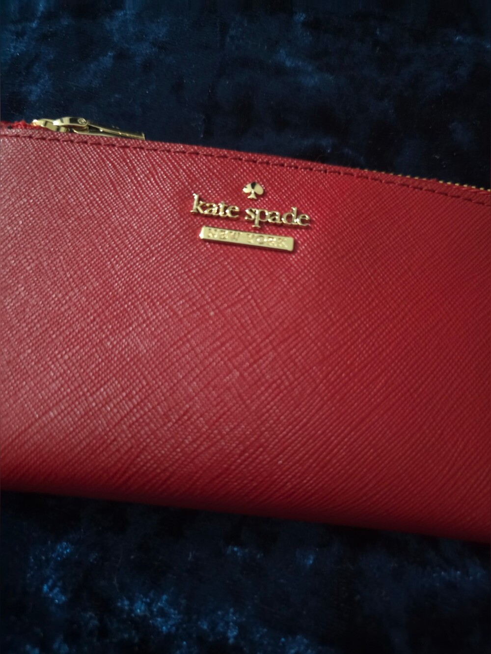 kate spade Red Saffiano Leather Zip Wallet with Gold Logo